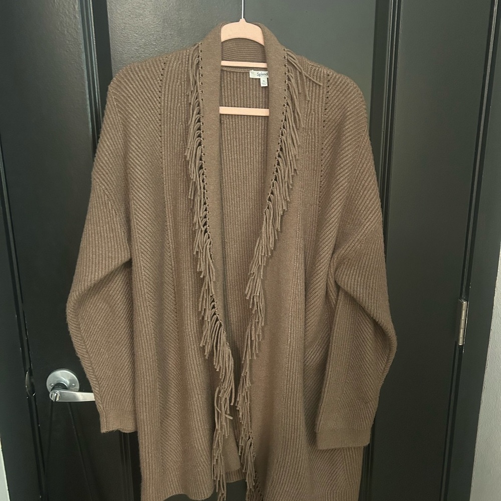 Brown Fringe Open Front Sweater